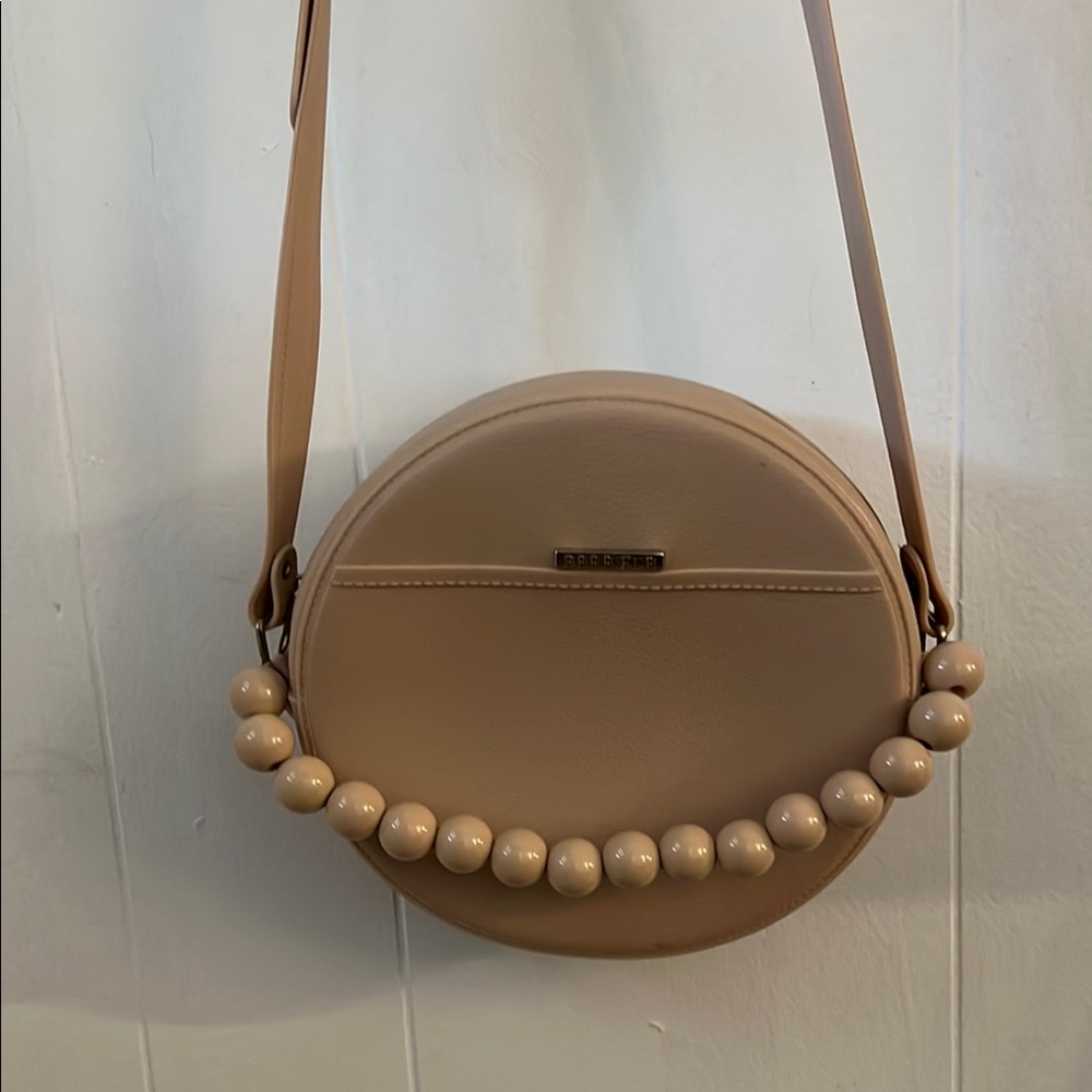 Tan Sculptural Crossbody Bag with Beaded Detail